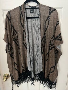 Papaya Brown & Black Aztec Fringe Poncho Wrap